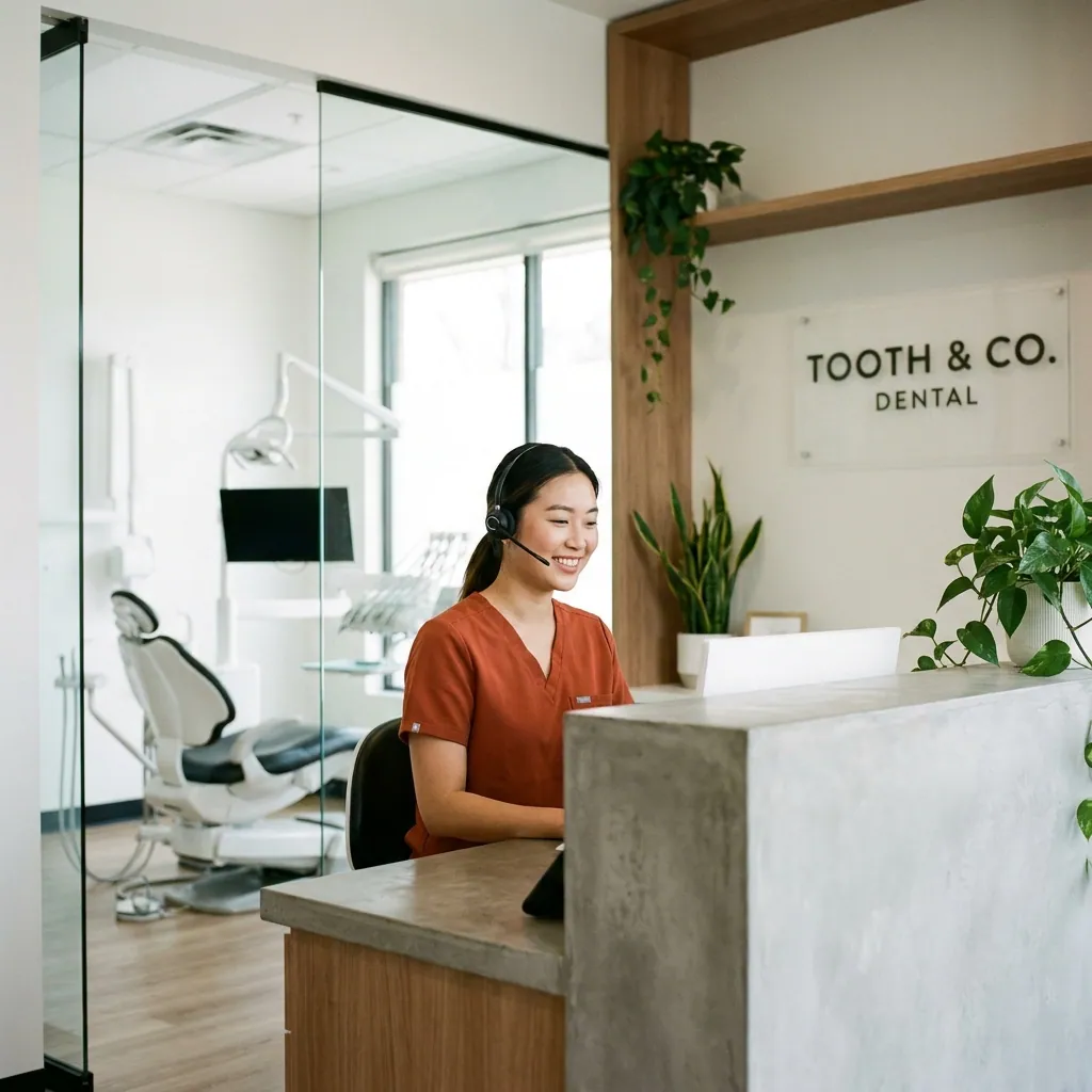 VoxHealth AI receptionist at a dental practice front desk