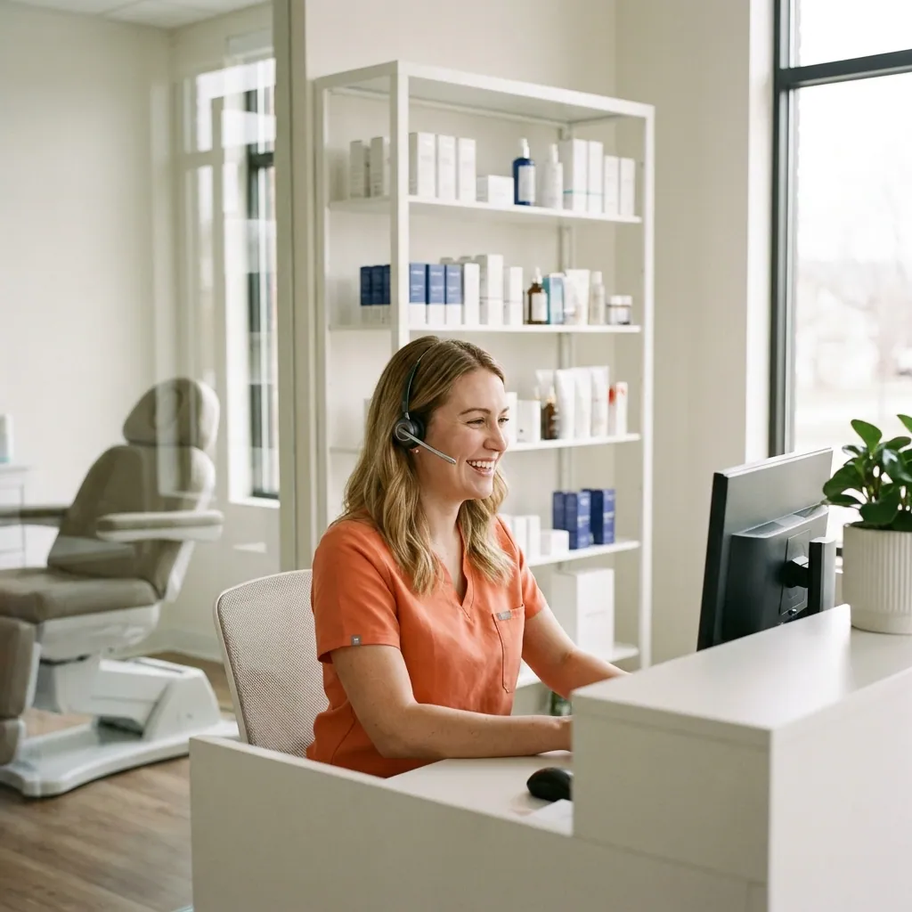 VoxHealth AI receptionist at a dermatology practice front desk