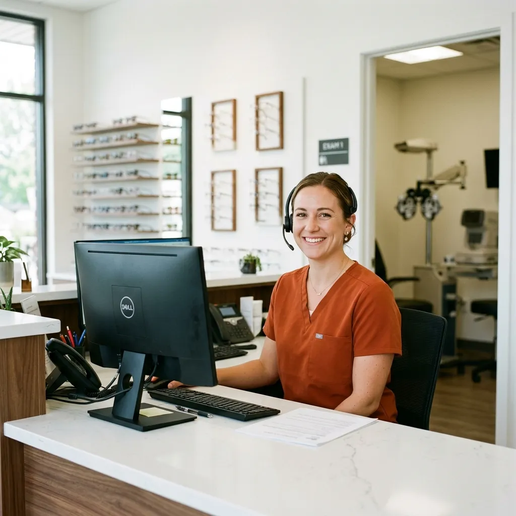 VoxHealth AI receptionist at an eye care clinic front desk